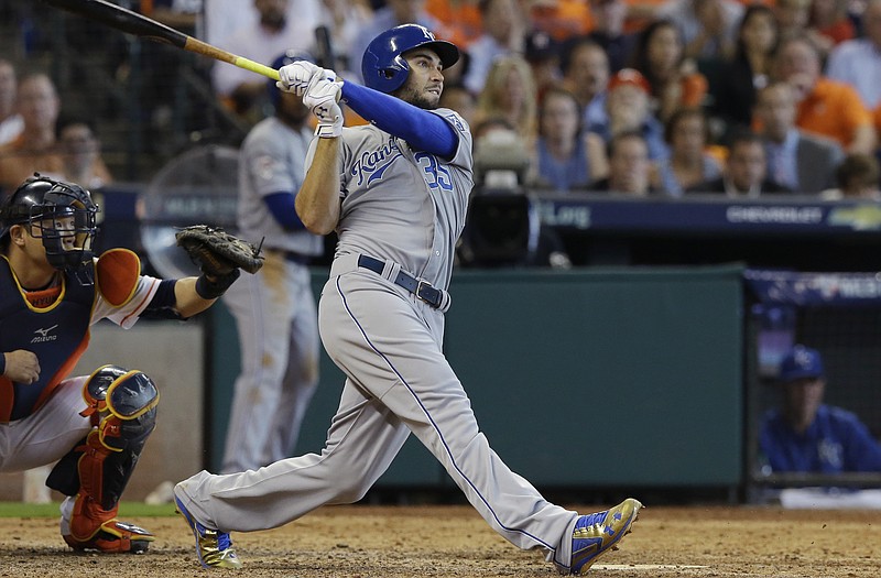 Eric Hosmer of the Royals watches his two-run home run in the top of the ninth inning of Monday afternoon's ALDS game against the Astros in Houston.