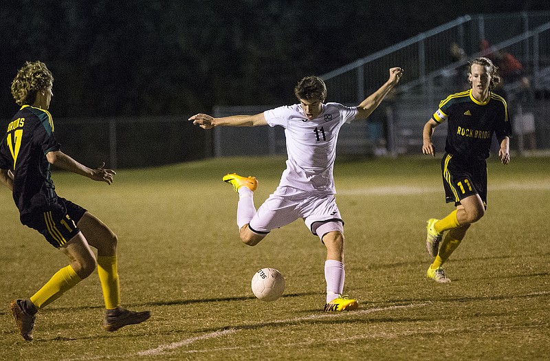 Jefferson City's Jordan Carron lines up for a goal attempt Tuesday evening during the Jays' matchup against Rock Bridge at 179 Soccer Park. 