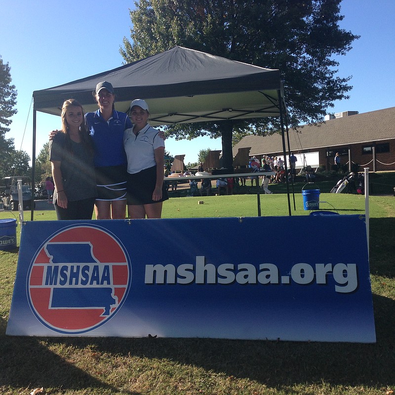 Members of the Lady Pintos golf team at the Class 1 State Tournament last week. From left to right, Renee Roberts, head coach Ashley Atteberry and Sophie Brant.