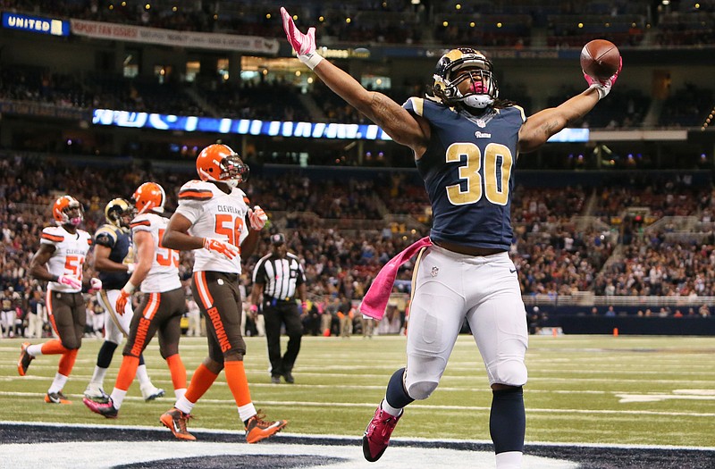 Rams running back Todd Gurley celebrates after scoring a touchdown during the third quarter of Sunday's game against the Browns in St. Louis.