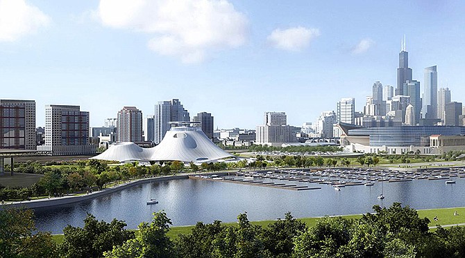 This artist rendering by the Lucas Museum of Narrative Art shows the proposed museum, left center, in Chicago. On Wednesday, the Chicago City Council approved plans for filmmaker George Lucas' proposed museum. 