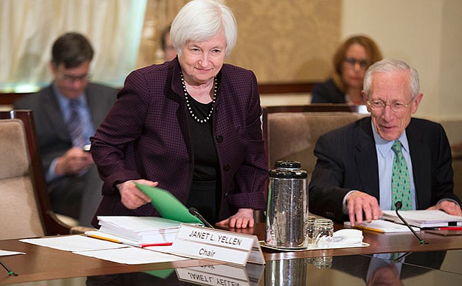 Federal Reserve Chair Janet Yellen arrives for a meeting of the Board of Governors of the Federal Reserve, Friday, Oct. 30, 2015, in Washington. The meeting was to discuss a proposed rule establishing total loss-absorbing capacity and long-term debt requirements for global systemically important banking organizations, as well as a final rule on margin and capital requirements for uncleared swaps of prudentially regulated swap entities.