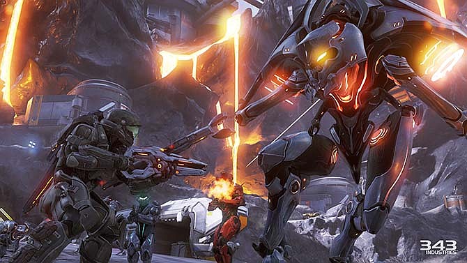 In this photo provided by Microsoft/343 Industries, the battle for control of the galaxy resumes in "Halo 5: Guardians."
