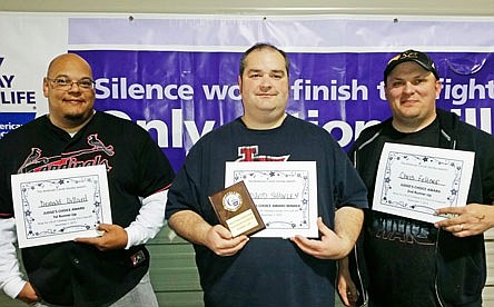 Judge choice winners (from left to right) Donald Dillard, David Shawley and Chris Feltner show off their certificates for winning the Callaway County Relay for Life chili cook-off. The event was Relay's kick-off for the 2016 year and raised $800 for the group.