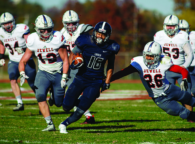 Lincoln wide receiver Antwon Davis finds running room after hauling in a pass late in the second quarter of Saturday afternoon's game against William Jewell at Dwight T. Reed Stadium.