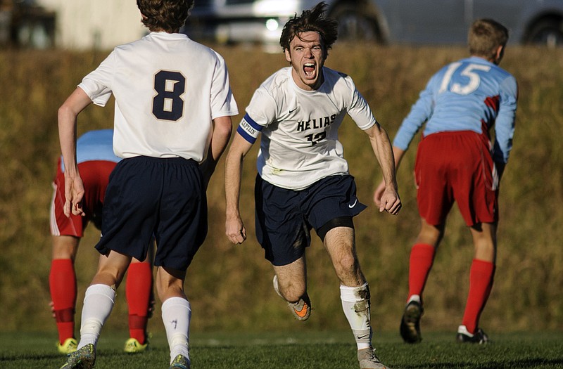 Braden Remmert shouts with joy as he races to celebrate with his Helias teammates after scoring a goal in the first half of last Saturday's quarterfinal victory against Glendale at the 179 Soccer Park.