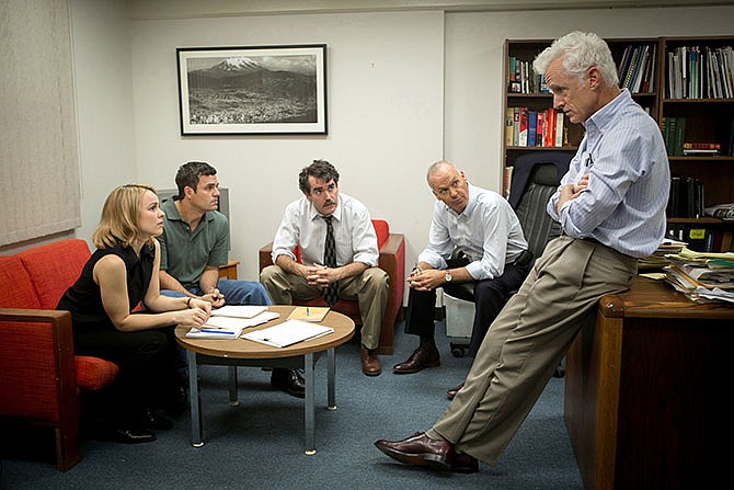 This photo provided by Open Road Films shows, Rachel McAdams, from left, as Sacha Pfeiffer, Mark Ruffalo as Michael Rezendes, Brian d'Arcy James as Matt Carroll, Michael Keaton as Walter "Robby" Robinson and John Slattery as Ben Bradlee Jr., in a scene from the film, "Spotlight."