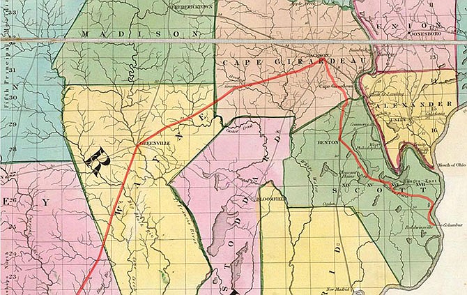 This is a portion of the 1839 David Burr Postal Map of Illinois and Missouri with the Cherokee Trail of Tears Benge Detachment route highlighted. Archaeologist Rusty Weisman said this is perhaps the best historic map that shows roads at that time.