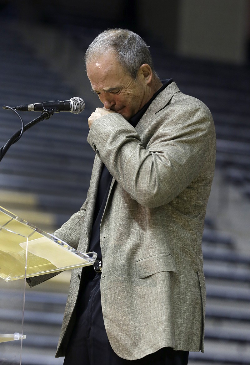 Missouri head football coach Gary Pinkel breaks down as he speaks about his players during a news conference Monday at Mizzou Arena.