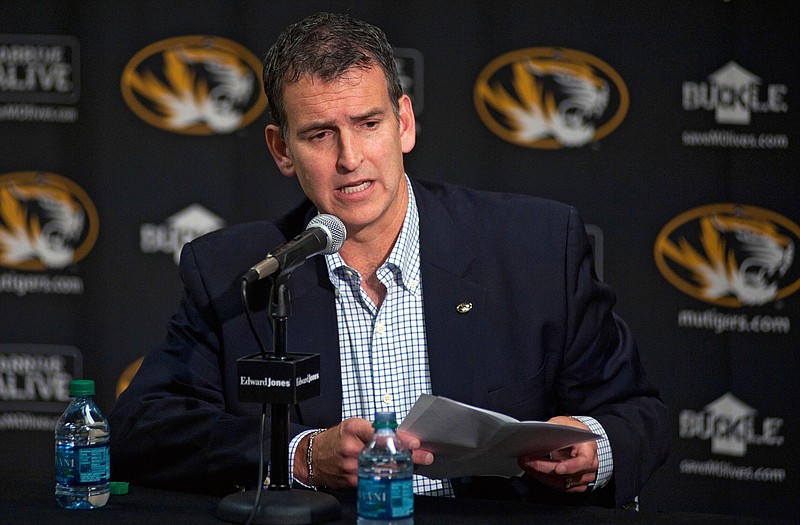 Missouri director of athletics Mack Rhoades answers questions during a news conference Wednesday at Mizzou Arena.