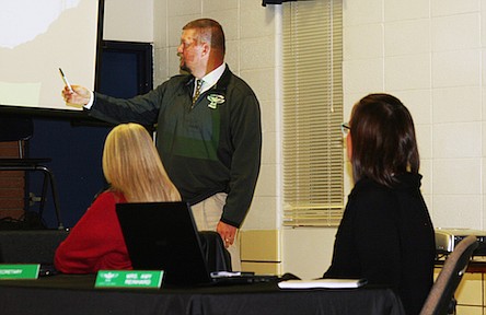 North Callaway Superintendent Bryan Thomsen shows the possible floor plans for the proposed agriscience building as a part of the district's bond update.