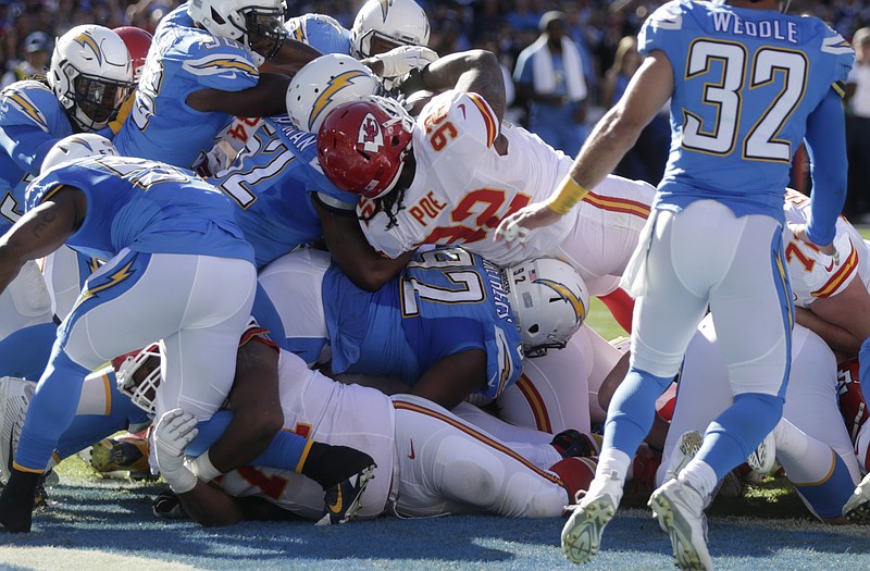 The Chiefs' Dontari Poe (92) scores a touchdown during Sunday's game against the Chargers in San Diego.