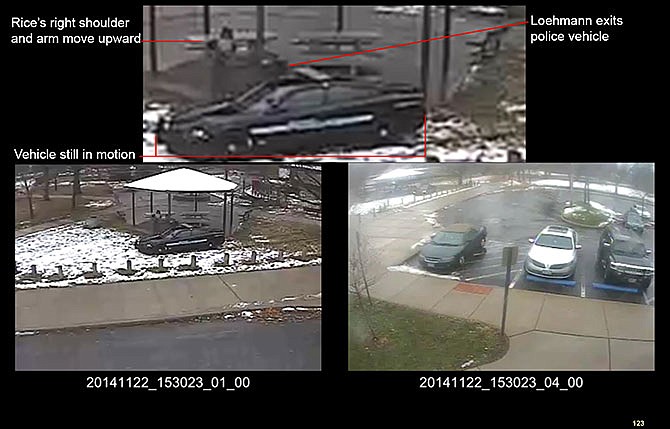 This combination of still images taken from a surveillance video and released Saturday, Nov. 28, 2015, by the Cuyahoga County Prosecutor's Office, shows Cleveland police officers arriving at Cudell Park on a report of a man with a gun. Twelve-year-old Tamir Rice was fatally shot by Cleveland police officer Timothy Loehmann, Nov. 22, 2014, after he reportedly pulled a replica gun at the city park. The enhancement by a California video expert will be presented to a grand jury that will decide if then-rookie patrolman Loehmann or his training officer should be charged criminally for Loehmann killing Rice. 
