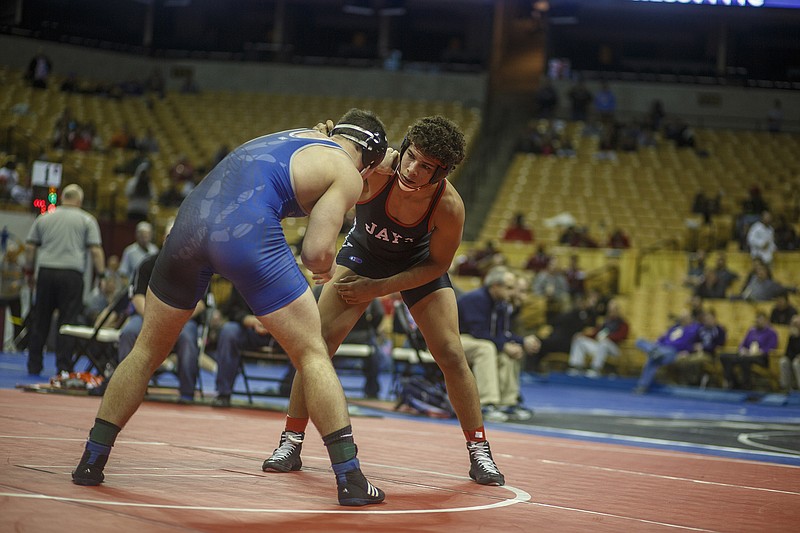 Jalen Martin of Jefferson City, shown here in his Class 4 195-pound quarterfinal match earlier this year at Mizzou Arena, is the top returning state finisher for the Jays. Martin took second at the state tournament.