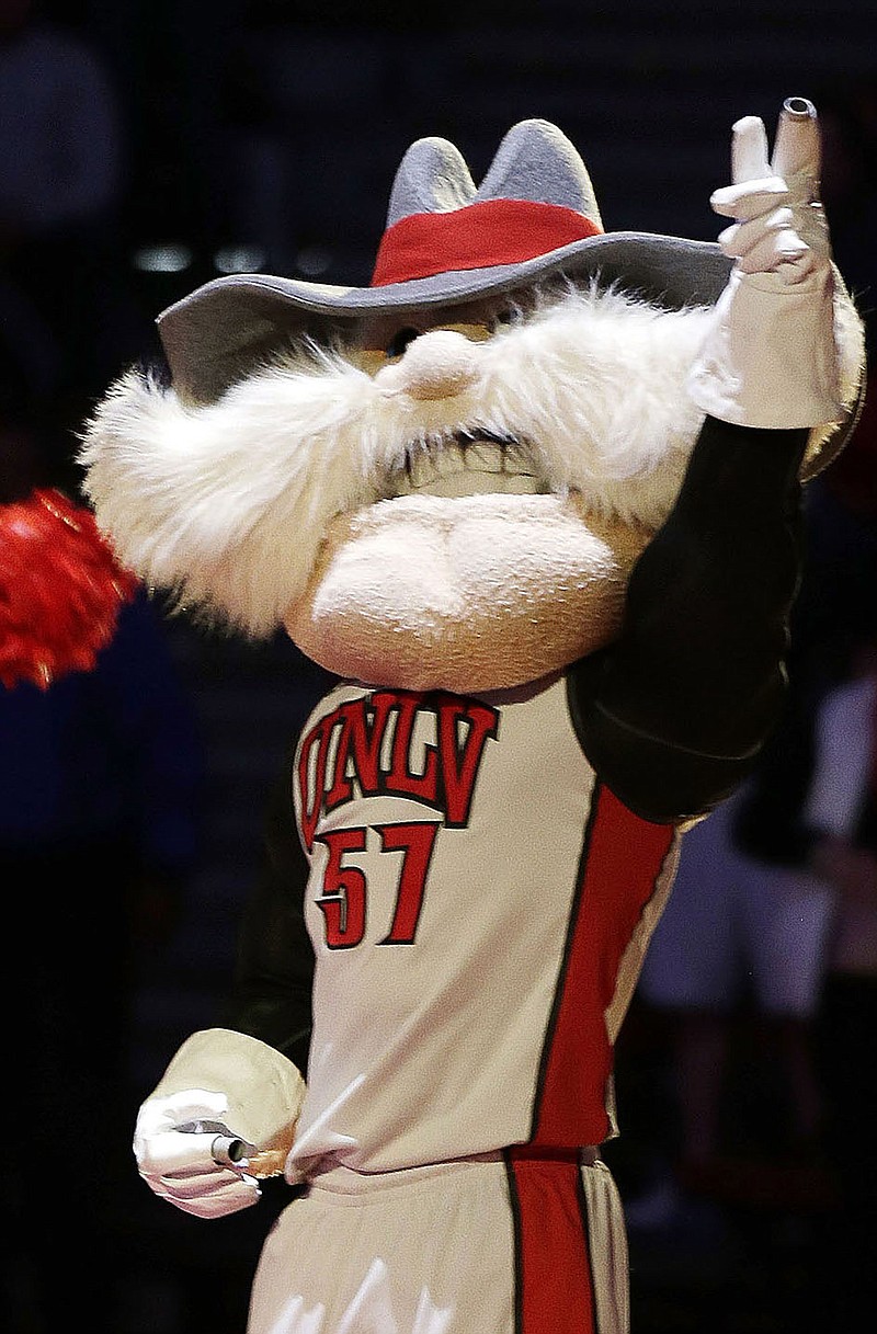 UNLV mascot Hey Reb warms up the crowd before a basketball game in Las Vegas.