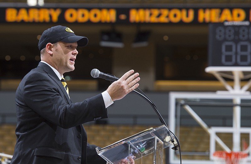Barry Odom talks to a crowd gathered Friday at Mizzou Arena as he is announced as the new head football coach at Missouri.
