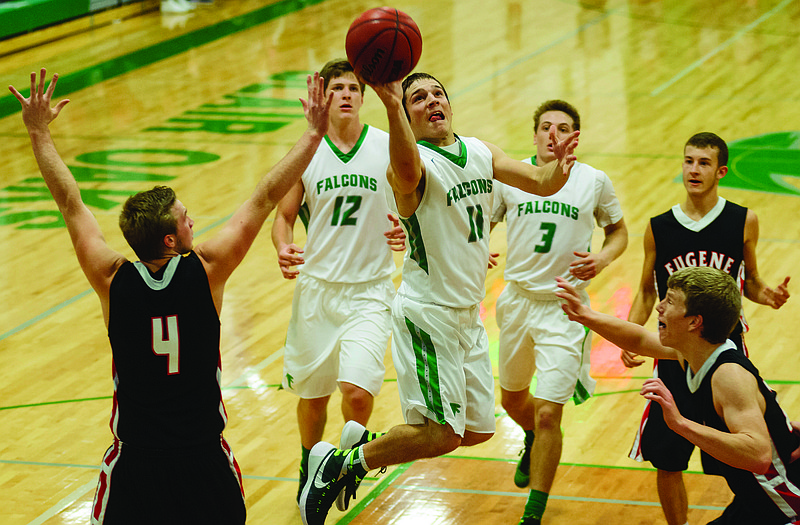 Jordan Hair of Blair Oaks finds a lane to the basket for the layup during Monday night's game against Eugene in Wardsville.