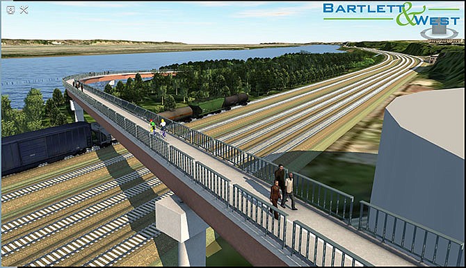 FILE PHOTO: This rendering shows the preferred Veteran's Memorial bridge option to get to Adrian's Island. The entrance would be between the Senate garage and the Veteran's Memorial, and the bridge would curve around and slowly lower in grade to reach a landing on Adrian's Island.
