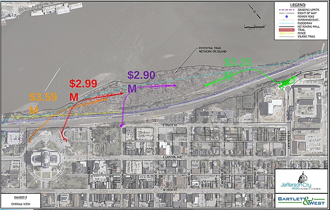 Four proposed bridge options are seen for accessing Adrian's Island. From left, the $3.59 million option would start near the House of Representatives garage. The $2.99 million option, which is the option that will move forward, would begin between the Senate garage and the Veteran's Memorial. The third option is a trail off the Madison Street overlook, and the final option would be a trail off the Lafayette Street cul-de-sac.