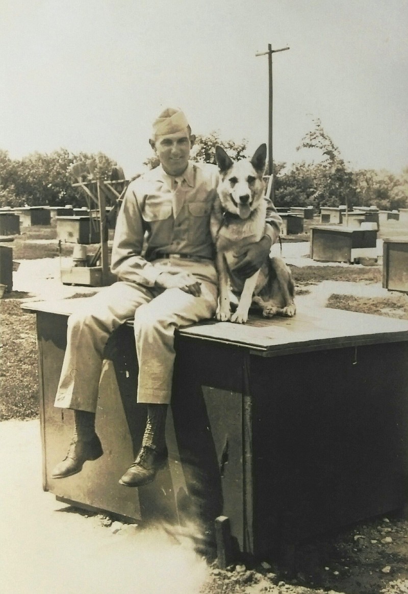 Popp is pictured in early 1945 with one of the German Shepherds he trained for the Army while stationed at Ft. Robinson, Neb.