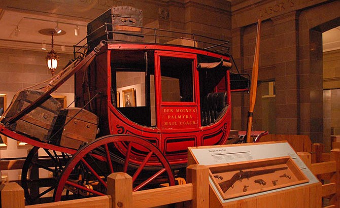 The first stagecoach line from St. Louis to Jefferson City may have operated a coach similar to the one held by the Missouri State Museum, built by Joseph Hawkins in 1840 as the Des Moines Mail Coach, which traveled from Palmyra to the Iowa capital with mail and passengers.