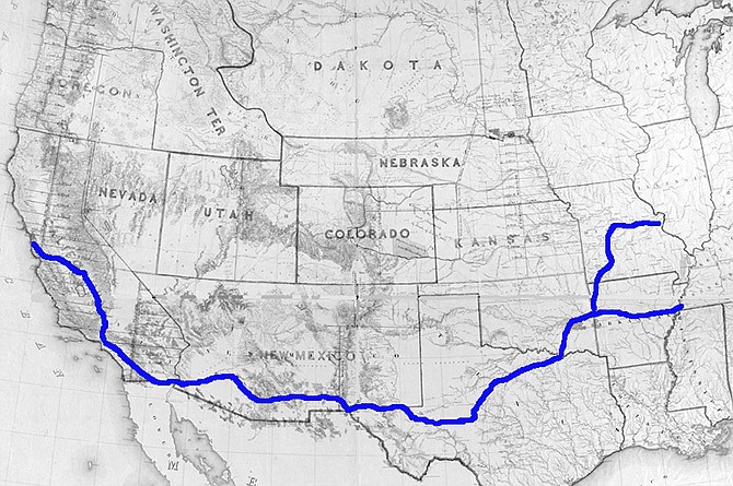 
This 1858 war department map, held by the Library of Congress, features a modern depiction of the Butterfield Overland Mail Route headed west from St. Louis and Memphis, joining at Fort Smith, Arkansas, and arriving in San Francisco, California.