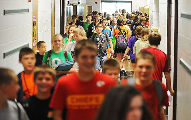 Students fill the hallway as classes change at Blair Oaks Middle School. With the passage of the Every Student Succeeds act, some control regarding education is restored to the states.