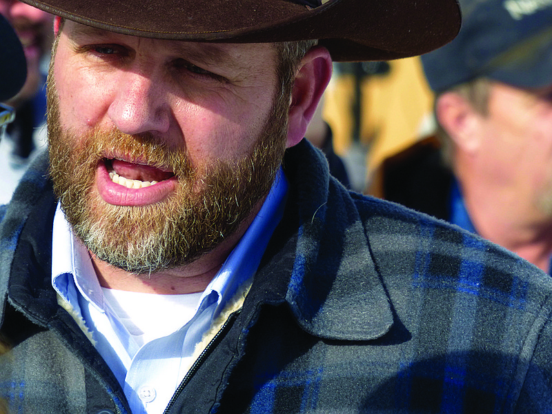 Ammon Bundy speaks Saturday during a march on behalf of a Harney County ranching family in Burns, Ore. 