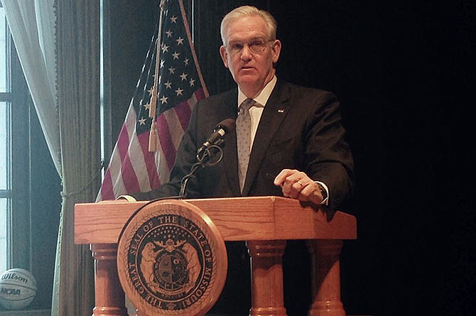 Missouri Gov. Jay Nixon speaks Tuesday, Jan. 5, 2016, at a news conference in the governor's office at the state Capitol.