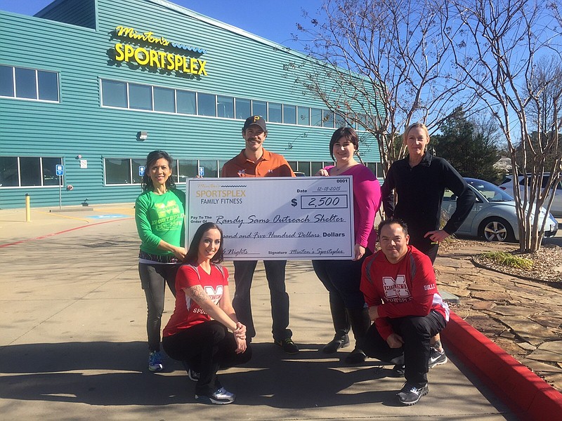 Minton's Sportsplex recently donated $2,500 to Randy Sams' Outreach Shelter. Pictured, from left, front row, are Melissa Gree and Billy Creutz; back row, Jeannie Reid-Carter, Zach Minton, Jennifer Laurent and Barbra Creutz.