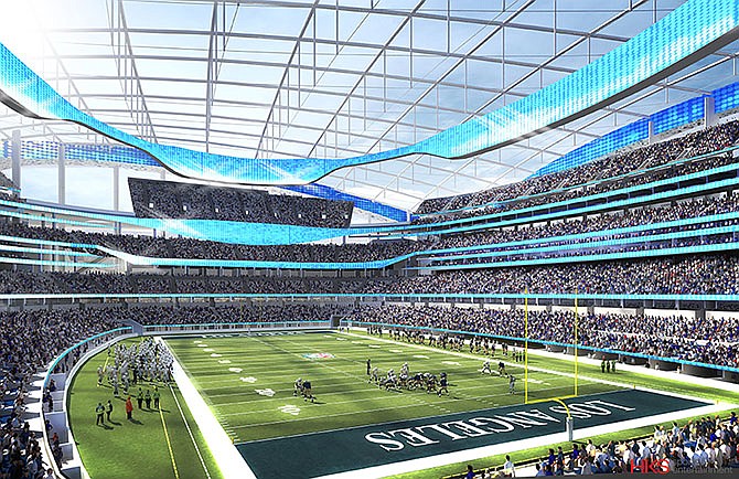 This undated rendering provided by HKS Sports & Entertainment shows a proposed NFL football stadium in Ingewood, Calif. During an NFL owners meeting Tuesday, Jan. 12, 2016, in Houston the owners voted to allow the St. Louis Rams to move to a new stadium just outside Los Angeles, and the San Diego Chargers will have an option to share the facility. The stadium would be at the site of the former Hollywood Park horse-racing track. 