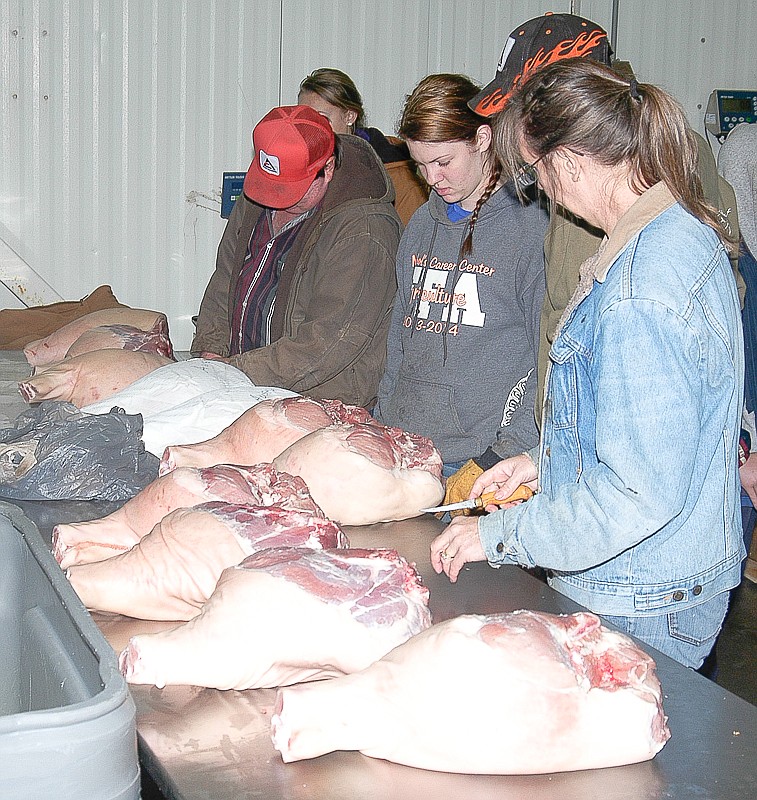 The Walther family, Taos, members of Clover 4-H Club, select hams to cure for entry in fair competition in six months.