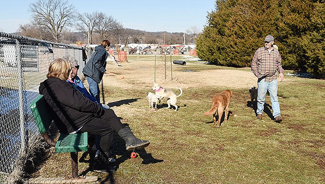 Area dog lovers have plenty to say about a proposed ordinance regarding animal welfare. A number of people were at the dog park in north Jefferson City and talked to a reporter about it. Seated on the bench, from near to far are, Loretta Kopaczewski, Pat Zavitz and Jim Rutter, and at right is Larry Harness. Also in background left is Anika Rudloff tossing a ball to her dog, Sandy. Next to Harness is Chopper.