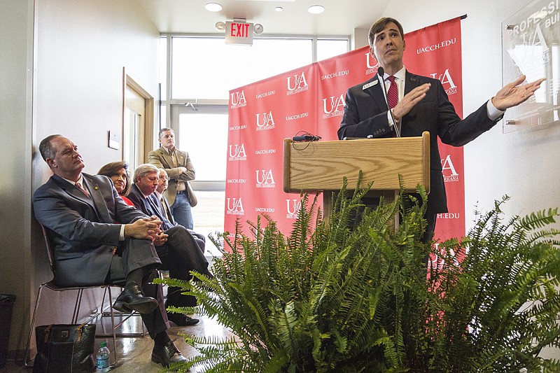 At the opening ceremony for the Professions Building, Chancellor Chris Thomason tells the story Wednesday, Jan. 19, 2016 of how the University of Arkansas-Texarkana began. The new building has specialized classrooms for professional skills courses.