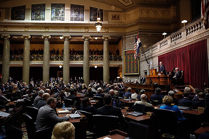 Missouri Gov. Jay Nixon delivers the annual State of the State address to a joint session of the House and Senate, Wednesday, Jan. 20, 2016, in Jefferson City, Mo. 