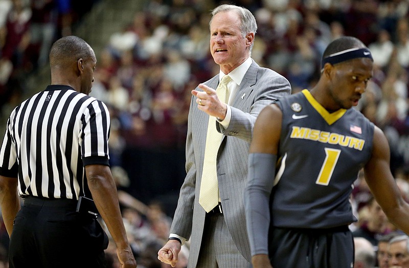 Missouri head coach Kim Anderson argues a call during the first half of Saturday's game against Texas A&M in College Station, Texas.