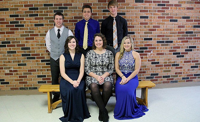 Boys, from left: CJ Closser, Luke Dyer and Owen Luebbering. Girls, from left: Brenda Veit, Natalie Mudd and Jenna Luebbering.