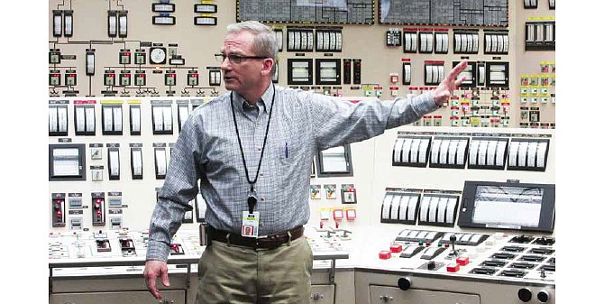 Barry Cox, senior director of nuclear operations at the Callaway Energy Center near Fulton, shows off the simulation control panels where reactor operators train every six weeks to hone their reaction skills in the event of a disaster.