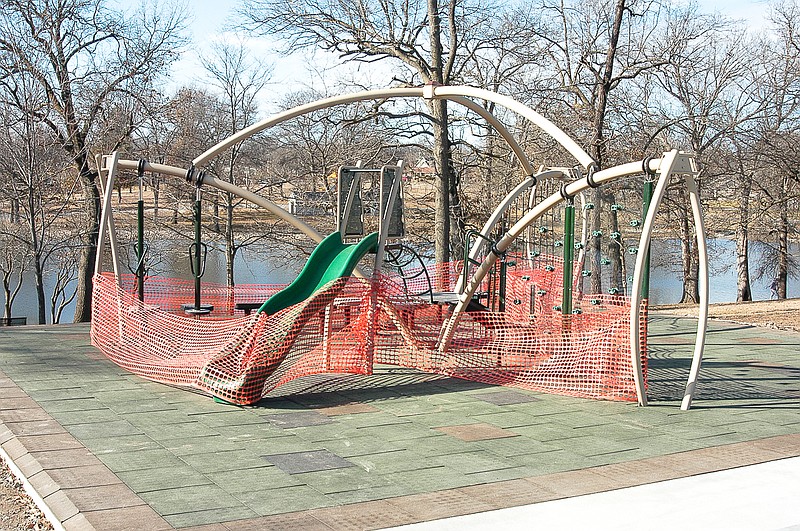 The set of "fun and exercise" equipment at Proctor Park, near the east shelter house location near the tennis courts, is for ages six to 12. The orange netting restricts use by the public until the shelter house is completed.