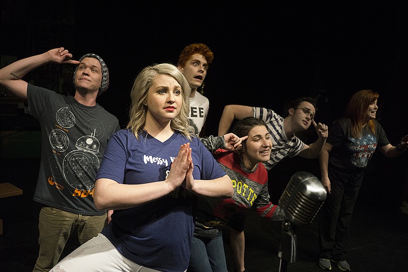 Austin Alford, from left, Hailey Mahone, Chase Livingston, Leah Green, Taylor Coleman, and Amy Coleman with the Texarkana Repertory Company rehearse Monday, Feb. 1, 2016. for their upcoming performance of the 25th Annual Putnam County Spelling be at the Stilwell Theatre. 