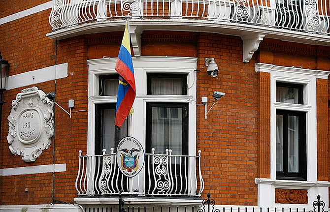 A view of the Ecuadorean Embassy in London, where Wikileaks founder Julian Assange is staying, Thursday, Feb. 4, 2016. WikiLeaks founder Julian Assange says he will accept arrest by British police if a U.N. working group investigating his claims decides that the three years he has spent inside the Ecuadorean Embassy doesn't amount to illegal detention.