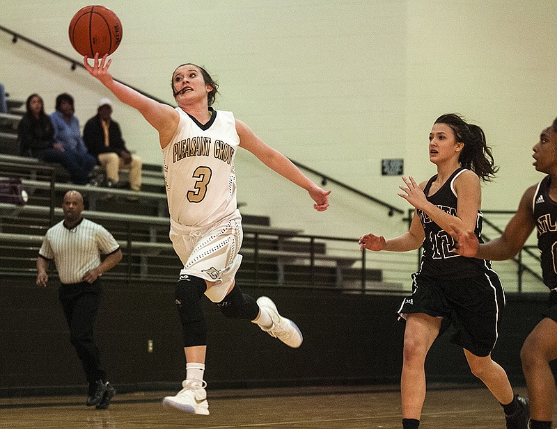 Pleasant Grove's Carley Barrett reaches out to collect a pass during a game against Atlanta on Friday, Feb. 5, 2016 at Hawk Gym in Texarkana, Texas.