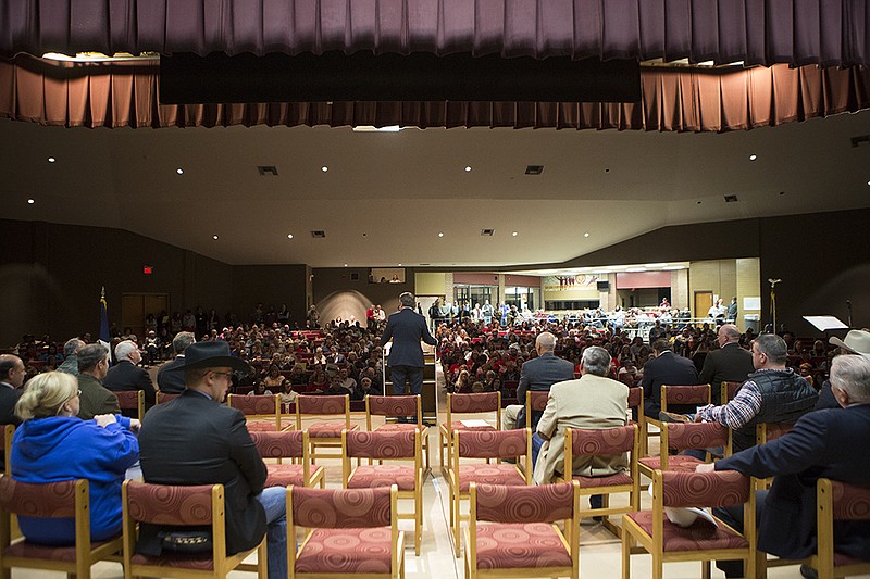 Candidates address a crowd of about 350 voters Saturday, Feb. 6, 2016 at the Bowie County Straw Poll at New Boston High School. The New Boston Chamber of Commerce organized the event.