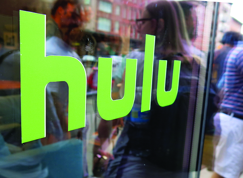 The Hulu logo is seen on a window June 27, 2015, at the Milk Studios space in New York.