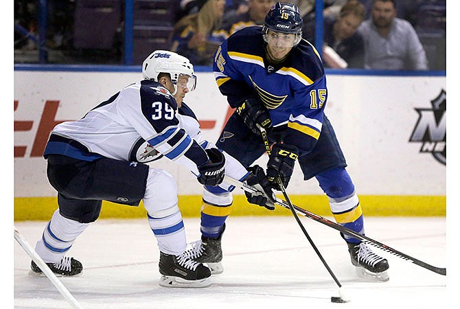 St. Louis Blues' Robby Fabbri, right, passes the puck as Winnipeg Jets' Toby Enstrom, of Sweden, defends during the second period of an NHL hockey game Tuesday, Feb. 9, 2016, in St. Louis. 