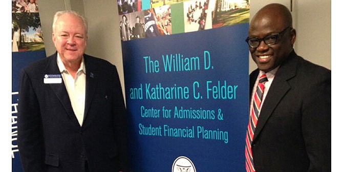 William Felder, class of 1980, and Westminster College President Benjamin Akande, right, attend the dedication of the newly renovated Center for Admissions and Student Financial Planning building on the Fulton campus.