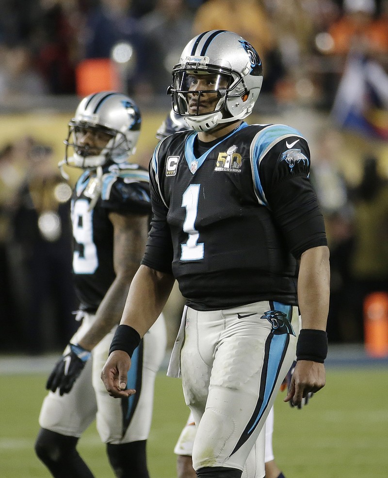 Carolina Panthers' Cam Newton (1) walks to toward the sideline during the second half of the NFL Super Bowl 50 football game against the Denver Broncos, Sunday, Feb. 7, 2016, in Santa Clara, Calif. 