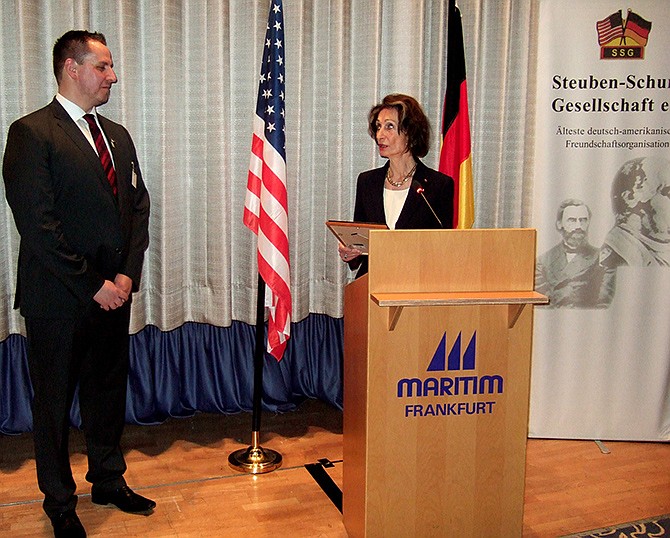 Muenchberg Mayor Christian Zuber receives the award for the most successful German-American city partnership from Dr. Ingrid Countess of Solms-Wildenfels, president of the Steuben-Schurz-Gesellschaft Association, in Frankfurt in January. The award recognized the partner city relationship of Muenchberg, Germany, and Jefferson City.