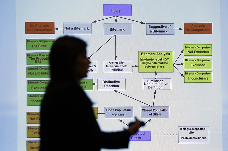 Lynn Garcia uses a chart as she takes part in a Texas Forensic Science Commission meeting to consider recommendations against using bite mark analysis in criminal cases on Thursday in Austin. The commission  moved forward with the recommendation that bite mark evidence not be used pending further research. 