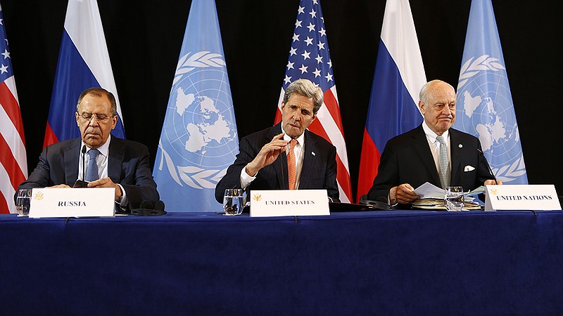 U.S. Secretary of State John Kerry, center, Russian Foreign Minister Sergey Lavrov, left, and UN Special Envoy for Syria Staffan de Mistura, right, arrive for a news conference after the International Syria Support Group (ISSG) meeting in Munich, Germany, Friday, Feb. 12, 2016. Talks aimed at narrowing differences over Syria and keeping afloat diplomacy to end its civil war have gotten under way in Munich. 